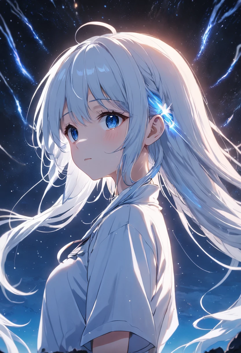 high high quality，high detal，Yurina Ao，white color hair，dual horsetail，Blue pupil，Starry sky at night，meteor shower，precipice