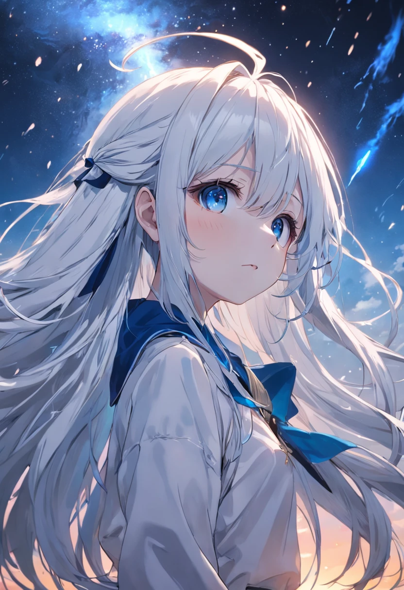 high high quality，high detal，Yurina Ao，white color hair，dual horsetail，Blue pupil，Starry sky at night，meteor shower，precipice