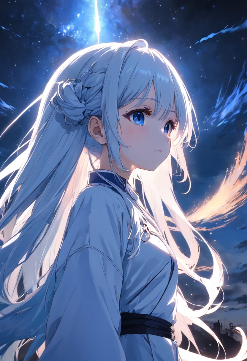 high high quality,high detal,Yurina Ao,white color hair,dual horsetail,Blue pupil,Starry sky at night,meteor shower,precipice