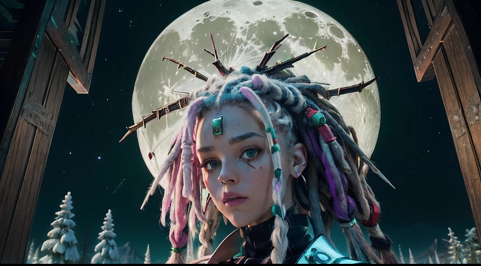 White caucasion white skinned Dreadlock hair female, red and green dreadlocks with wooden beads, caucasion white skin, pagan cyberpunk, neon lights, vibrant, wooden accents and glowing resin on trees. Crystals and amethyst on the ground, vaporwave city, night time large moon and stars, mountain in background, nature inspired