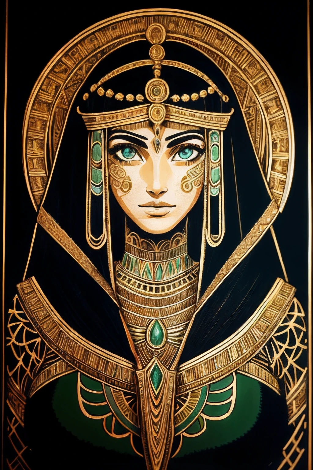 1 adult Egyptian woman, green eyes, black hair flaps, portrait, solo, upper body, looking at viewer, detailed background, detailed face,  OldEgyptAI, ancient egyptian theme,  feral jungle warrior, pink tribal clothing, obsidian, defensive stance, stone knife, bushes, poisonous plants, rocks,  humid climate, darkness, cinematic atmosphere,
dark chamber, dim light (zentangle, mandala, tangle, entangle), (golden and green tone:0.5)
(35mmstyle:1.1), front, masterpiece, 1970s film, , cinematic lighting, photorealistic, high frequency details, 35mm film, (film grain), film noise,