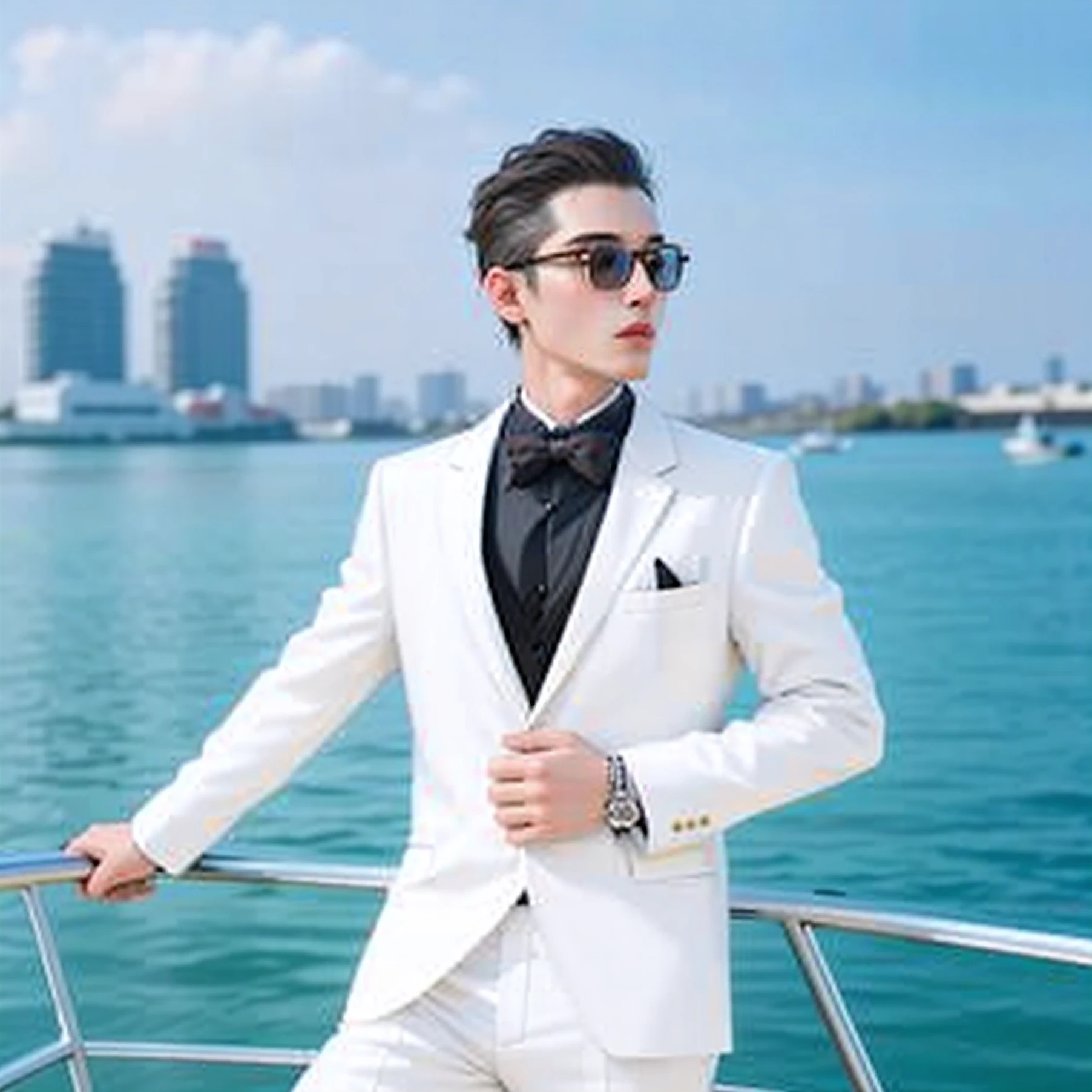 Alatei wears a white suit,On board with a bow tie, While wearing a white Business suits, White suit, white suit and black tie, Cai Xukun, wearing white suit and glasses, wearing a white tuxedo, pose 4 of 1 6, profile picture 1024px, wearing futuristic white suit, wearing fashion suit, in style of lam manh, ryan jia