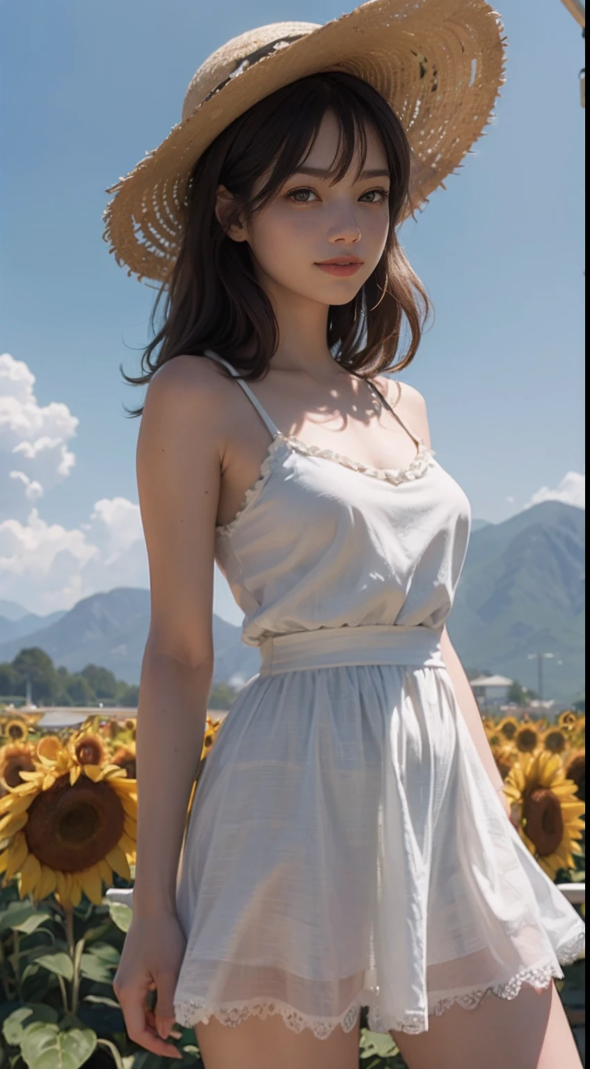 Unbeatable masterpiece, Ultra photo realsisim, Perfect artwork, Intricate details, Best quality, Strong light,High contrast, Sunflower field , cute kawaii girls ,(Sweat:0.5) , arms back behind , White knee-length camisole dress , Straw hat , Smile,Strong light , Sunlight , Wind , Summer sky ,incoming , Attack , Magic effects , Fireworks .light bloom , Lens flare , (far from viewer:1.1), High quality , Best , high resolution , best qualtiy , Award-Awarded , Highly detailed .ultra extreme details , Masterpiece ,