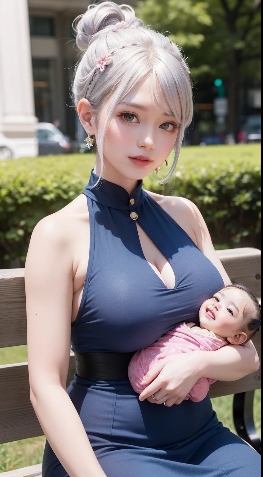 1girl, solo, Female ((29 years old)), two-tone gradient hair (( long, silver and pink gradient hair color)), clothes ((vintage dress, pattern, blue)), accessories ((earrings, hair clip)), hair bun, huge boobs, korean make-up look, smiling, sitting on bench park, carrying a  on her lap, ( hyper detailed face of the babyscenery, park background.