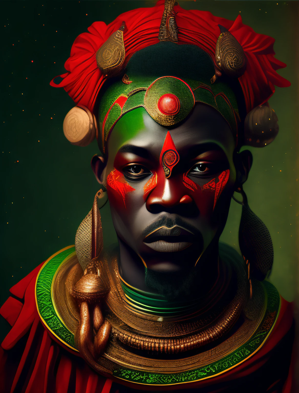 Ogun the African Orisha, Yoruba, wearing a detailed and intricate ade, warrior, god of war, piercing gaze, cosmic god, reds and greens, astrophotography