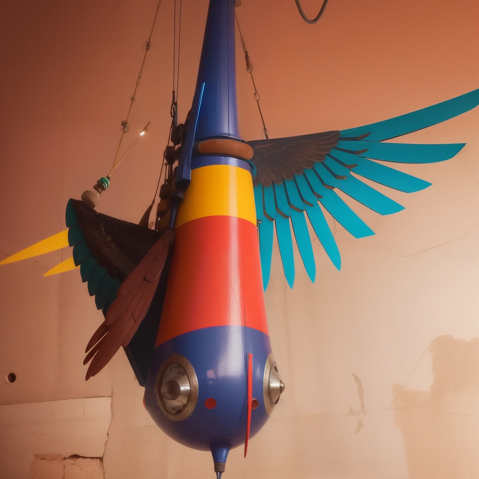 Flying penis, wings, jet motors, long shaft with portholes, red, green, blue, yellow, orange, purple, indigo, head, long hanging balls in a sack with hair, pubic hair