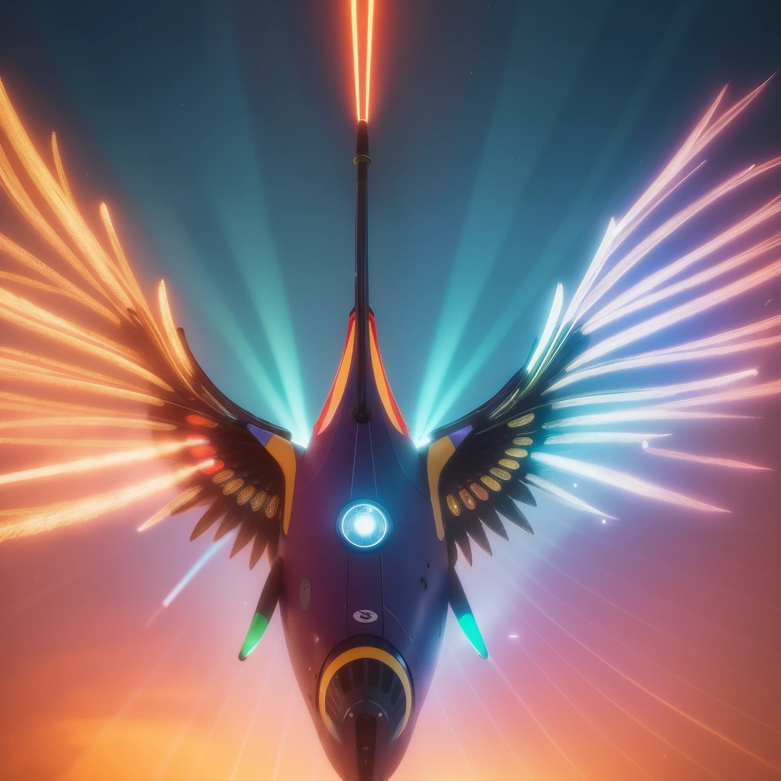 Flying penis, wings, jet motors, long shaft with portholes, red, green, blue, yellow, orange, purple, indigo, head, long hanging balls in a sack with hair, pubic hair