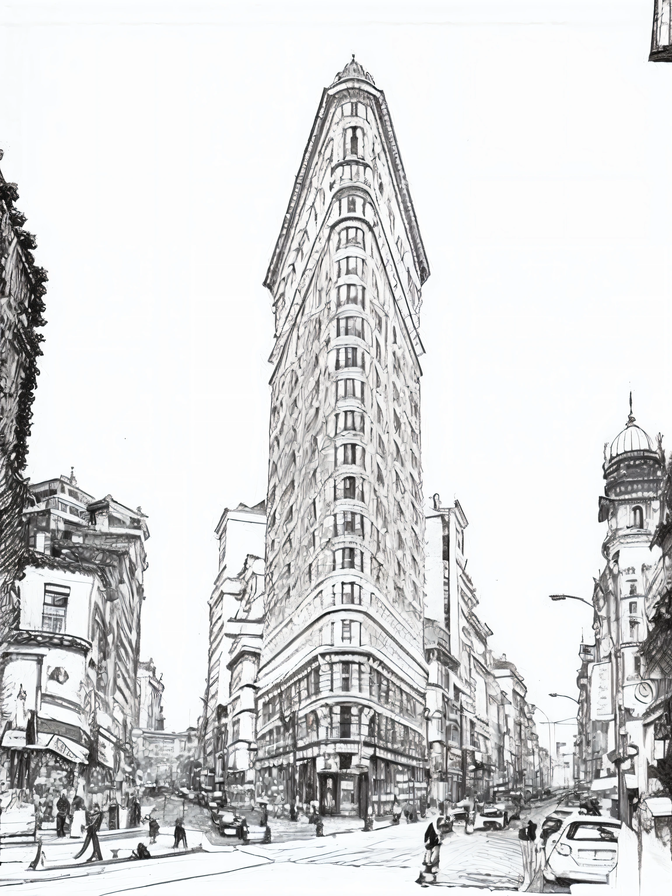 Un dibujo de una calle de la ciudad con un edificio alto en el fondo, inspirado por Charles Dana Gibson, Dibujado con Photoshop, Perfect pencil and ink line art, Dibujos a pluma y tinta, Architectural illustration, Boceto muy detallado, pen and ink illustration, clean ink detailed line drawing, Estilo de dibujo tradicional, highly detailed ink illustration, Obra de arte de un edificio, Pen and ink work in sharp focus