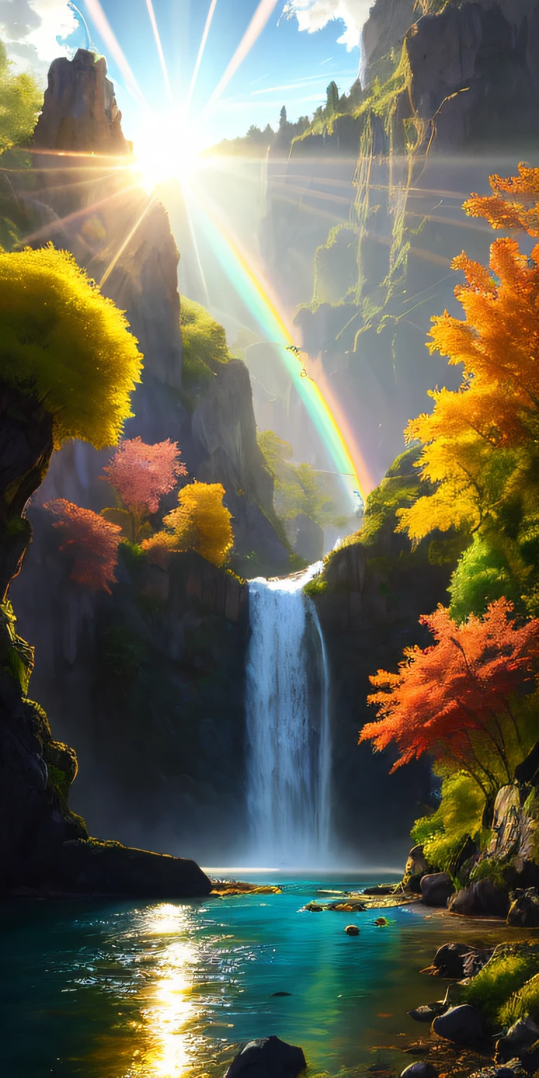 analog style,ChromaV5,nvinkpunk,(extremely detailed CG unity 8k wallpaper),A Illustration of a bright and majestic waterfall cascading down a rocky cliff, illuminated by the shining sun, The water sparkles as it falls, casting a rainbow of colors, the surrounding landscape is lush and verdant, with tall trees and wildflowers,award winning photography, Chromatic Aberration; Geometric Shapes; Bokeh, Depth of Field, Photorealistic, Detailed, Bloom, HDR , oil painting by John Singer Sargent, Frederic Church, and Thomas Moran,trending on ArtStation, trending on CGSociety, art by midjourney