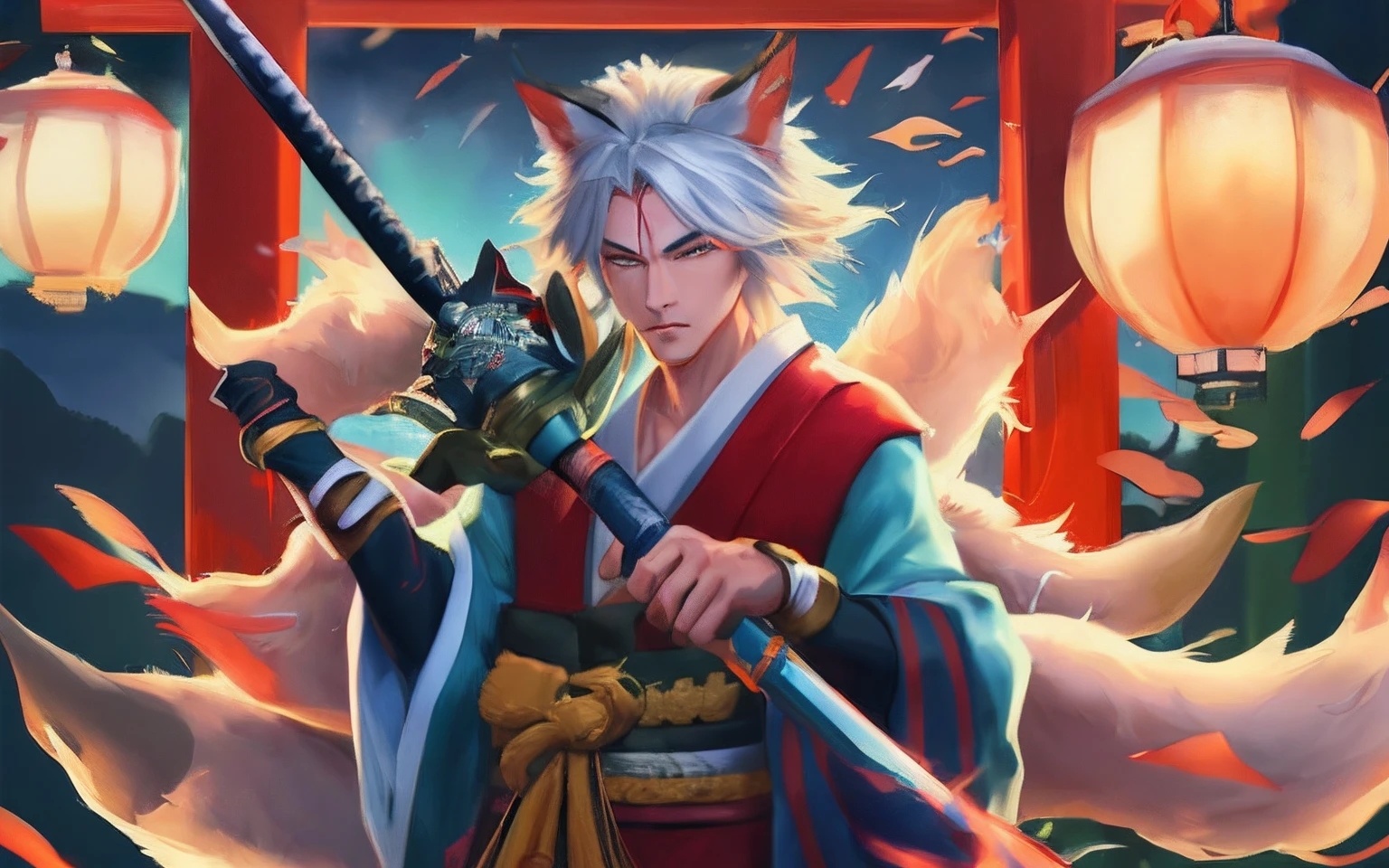 a man with sword and cat in front of a red gate, fox nobushi holding a naginata, fox nobushi, onmyoji detailed art, onmyoji portrait, onmyoji, badass anime 8 k, handsome guy in demon slayer art, anime style 4 k, kitsune holding torch, white fox anime, white - haired fox