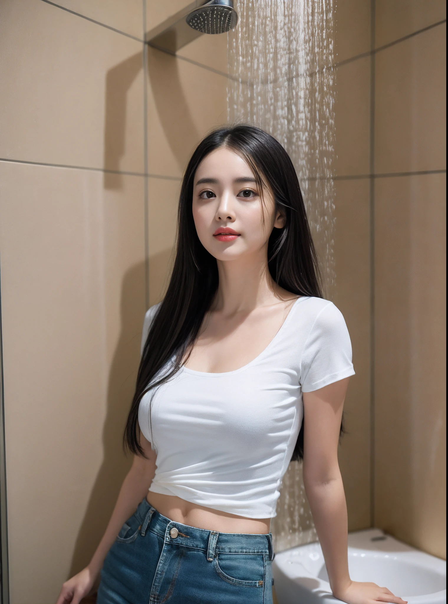 (RAW photogr:1.2),The highest quality, 超高分辨率, 25 year old girl in the bathroom, ssmile,A 25-year-old young girl,Wear a T-shirt,denim pant,Stand toilet toilet,Glass shower room,toilet bowl,Bathroom cabinet,Shower,In the bathroom。Her long hair was draped over her shoulders,skin is soft and smooth,Heavy makeup。