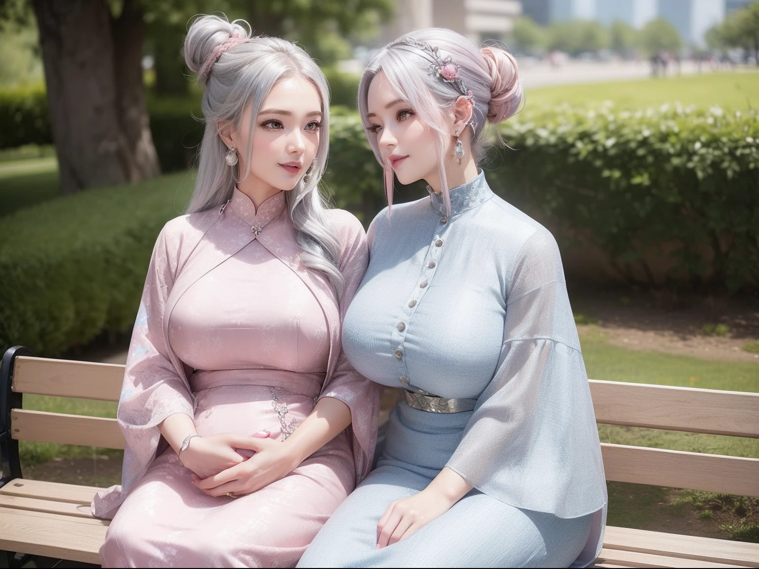 Female ((29 years old)), two-tone gradient hair (( long, silver ,pink )), clothes ((vintage dress, pattern, blue)), accessories ((earrings, hair clip)), hair bun, huge boobs, korean make-up look, smiling, sitting on bench park, carrying a on her lap, ( hyper detailed face of the babyscenery, park background.