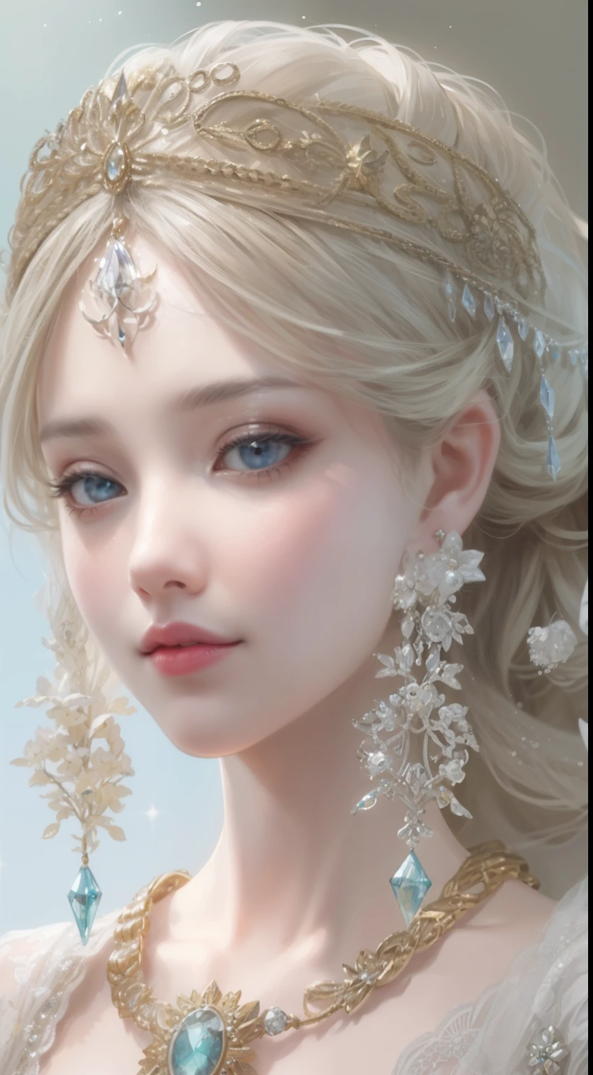 tmasterpiece,Highest high resolution,Bust of a beautiful noble maiden,Delicate braided hair,Coiled hair,Shining clear eyes,The hair is covered with beautiful and delicate floral craftsmanship, crystal、Diamond jewelry filigree,Ultra-detailed details,upscaled,softlighting。