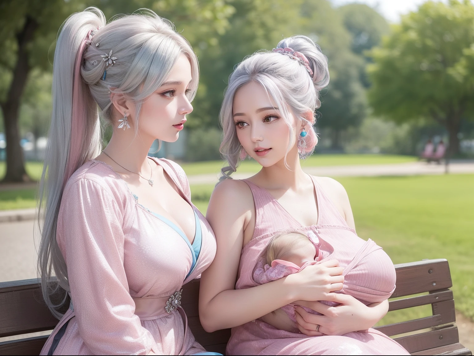 Female ((29 years old)), two-tone gradient hair (( long, silver ,pink )), clothes ((vintage dress, pattern, blue)), accessories ((earrings, hair clip)), hair bun, huge boobs, korean make-up look, smiling, sitting on bench park, carrying a  on her lap, ( hyper detailed face of the babyscenery, park background.