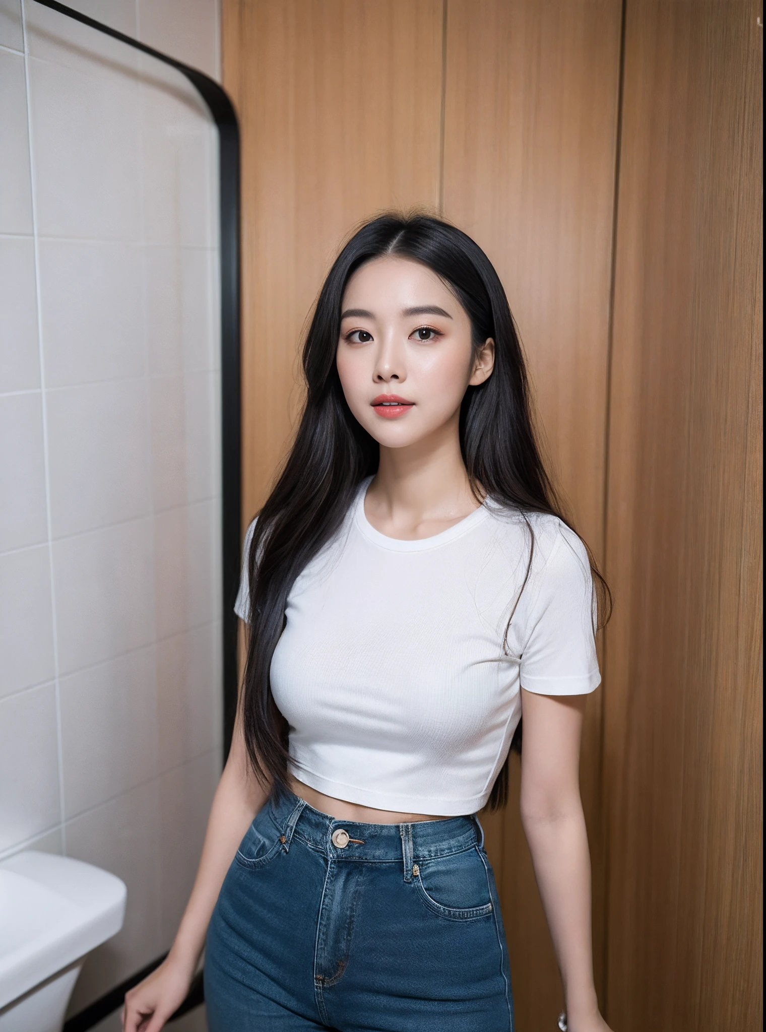 (RAW photogr:1.2),The highest quality, 超高分辨率, 25 year old girl in the bathroom, ssmile,A 25-year-old young girl,Wear a T-shirt,denim pant,Stand toilet toilet,Glass shower room,toilet bowl,Bathroom cabinet,Shower,In the bathroom。Her long hair was draped over her shoulders,skin is soft and smooth,Heavy makeup。