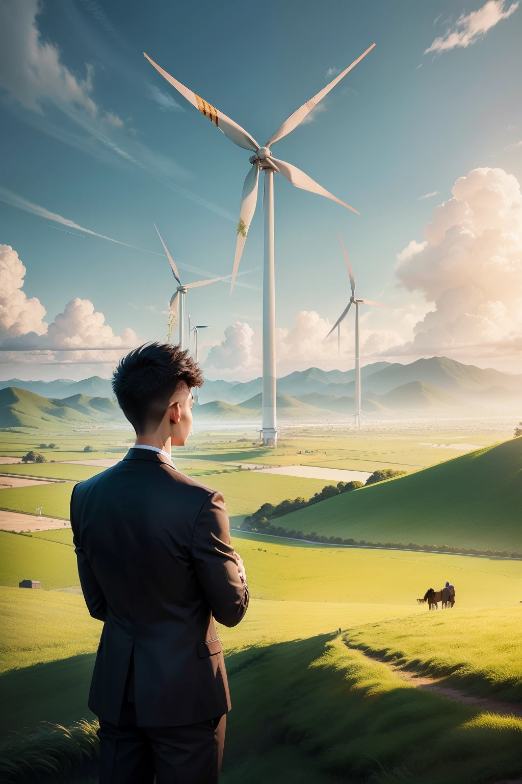 grassy fields,Faraway view,Chao yang,Wind power,large scene,Securities company staff