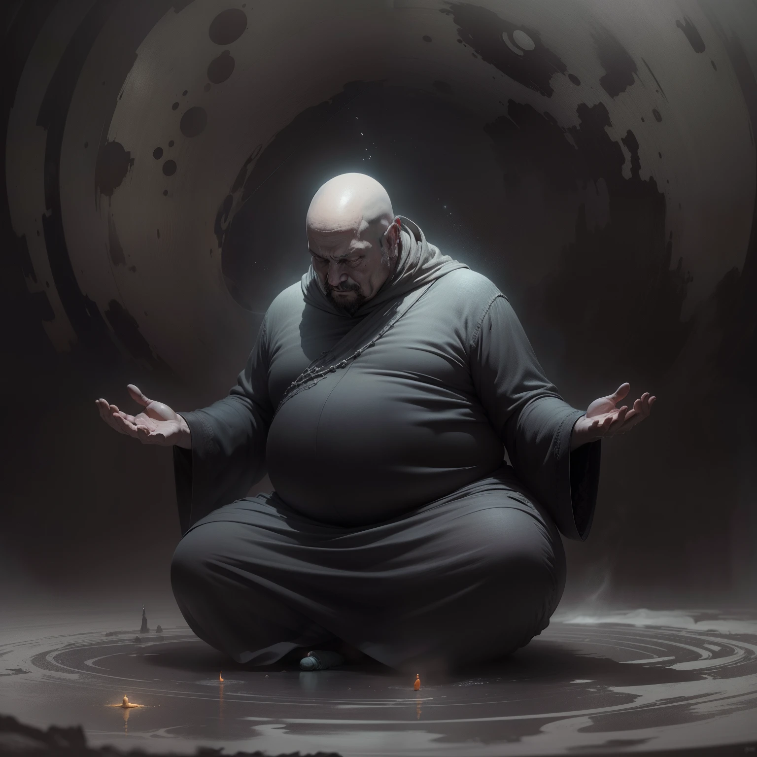 A fat dervish meditates in the void, fantasy, trending on artstationh, rendering by octane, Digital art, high detailed beksinski painting, Courtesy of Adrian Ghenie and Gerhard Richter, Masterpiece, Black and white