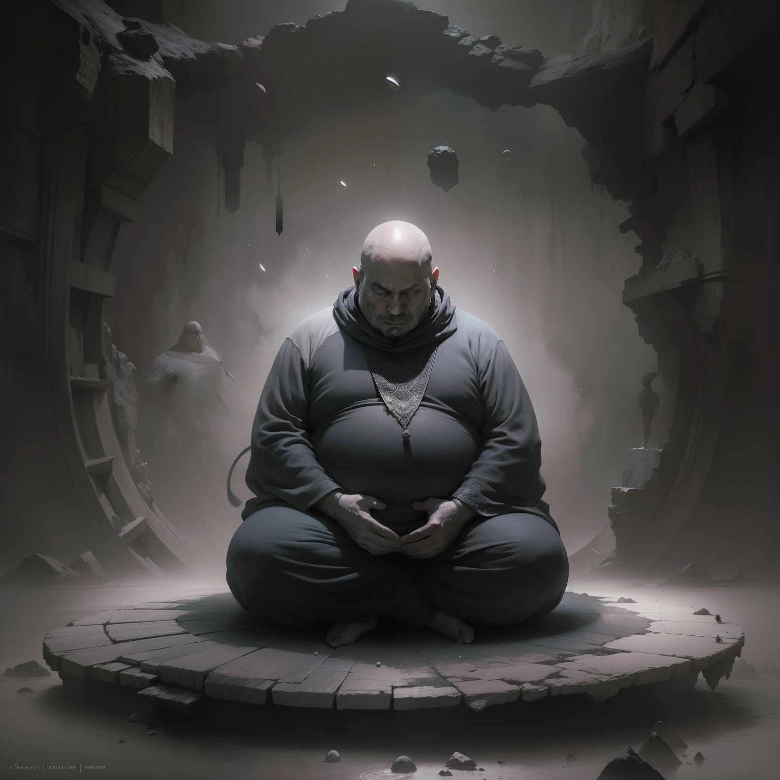 A fat dervish meditates in the void, fantasy, trending on artstationh, rendering by octane, Digital art, high detailed beksinski painting, Courtesy of Adrian Ghenie and Gerhard Richter, Masterpiece, Black and white