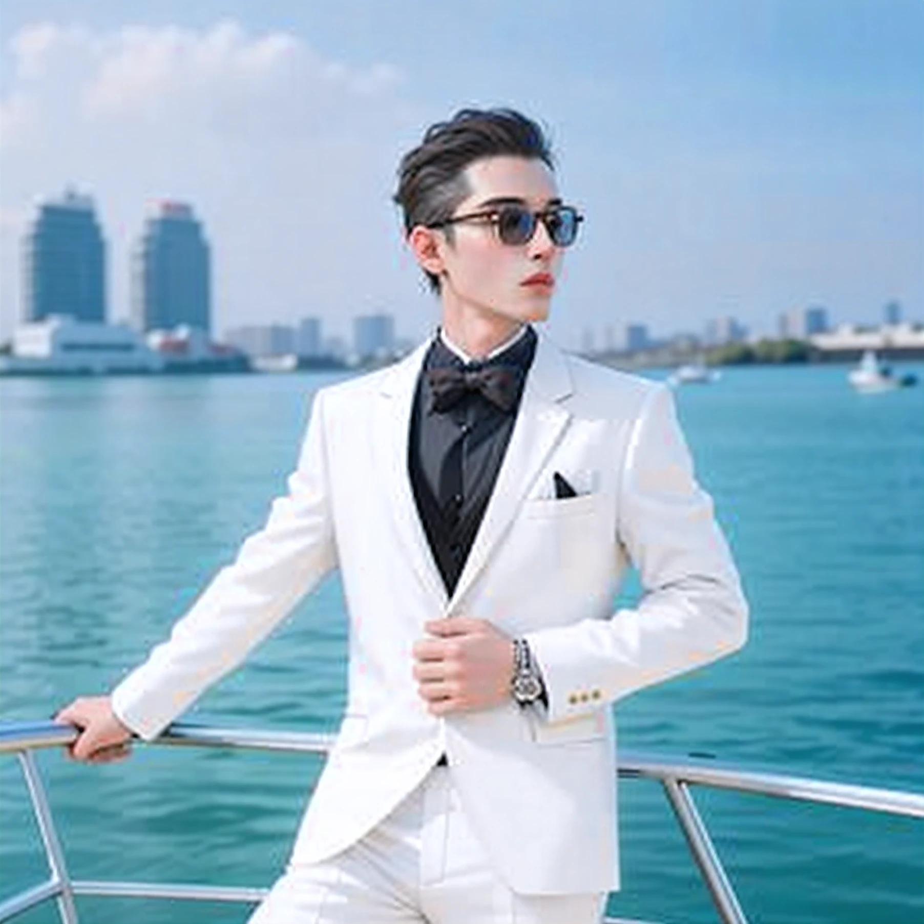 Alatei wears a white suit，On board with a bow tie, While wearing a white Business suits, White suit, white suit and black tie, Cai Xukun, wearing white suit and glasses, wearing a white tuxedo, pose 4 of 1 6, profile picture 1024px, wearing futuristic white suit, wearing fashion suit, in style of lam manh, ryan jia