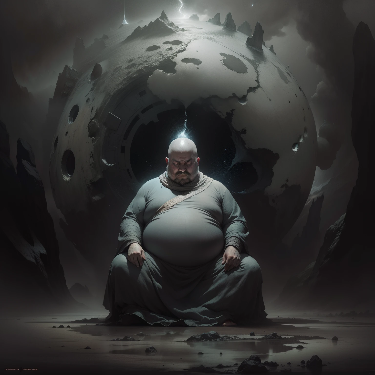 A fat dervish meditates in the void, fantasy, trending on artstationh, rendering by octane, Digital art, high detailed beksinski painting, Courtesy of Adrian Ghenie and Gerhard Richter, Masterpiece, Black and white