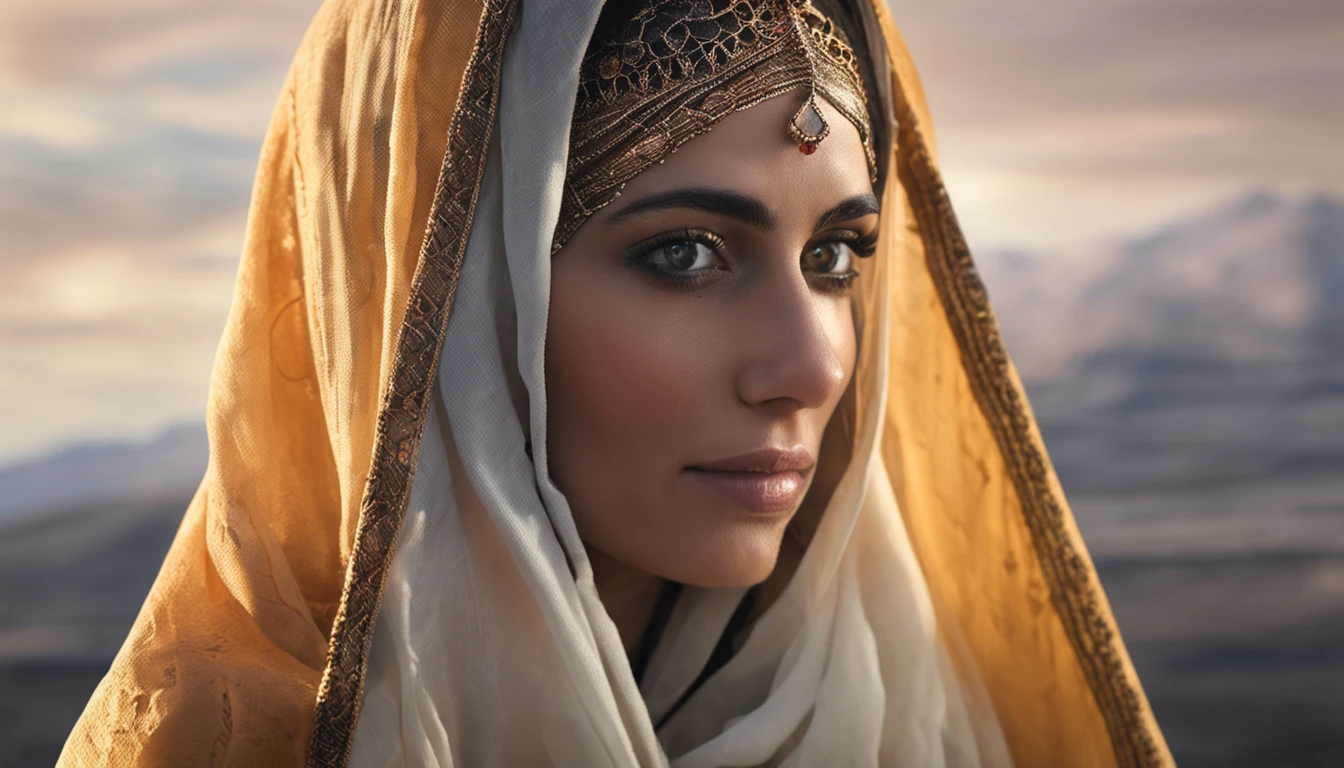 a realistic, middle eastern woman with blue eyes, wearing traditional clothing, and her face covered with a veil