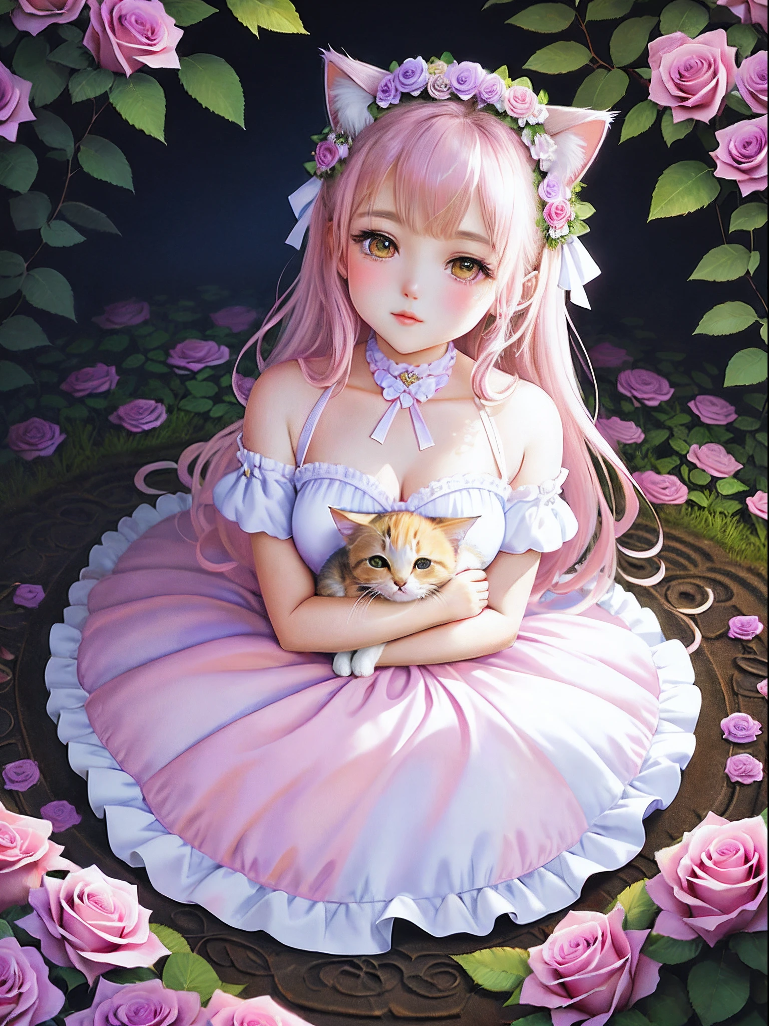 Illustration artistique magnifique et fantastique，Style d&#39;animation de dessin animé，Une fille bouclée ondulée blonde super mignonne, belle et pure，Embrasse le chaton，Roses romantiques，Rose crème，Roses rose-violet，Allongez-vous dans les fleurs，Grappes et touffeerveilleux，La meilleure qualité au mieux，Une haute résolution，Détails compliqués，fantaisiste，animal mignon，Résolution K Ultra HD