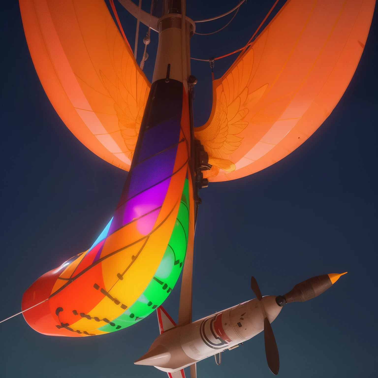 Flying penis, wings, jet motors, long shaft with portholes, red, green, blue, yellow, orange, purple, indigo,  head, long hanging balls in a sack with hair, pubic hair