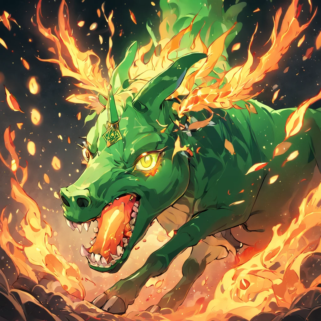 Green illustration of a flame-swallowing unicorn devouring gold coins