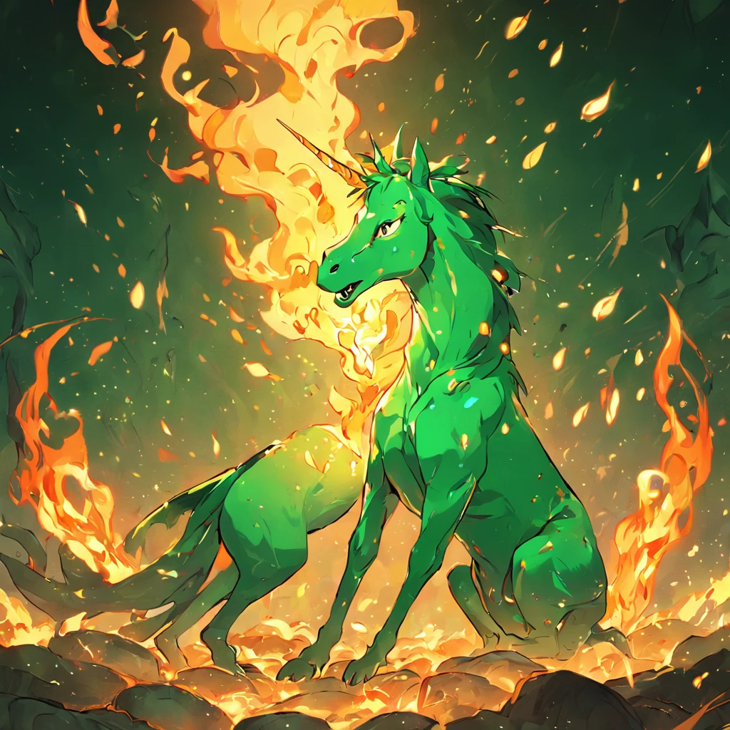 Green illustration of a flame-swallowing unicorn devouring gold coins