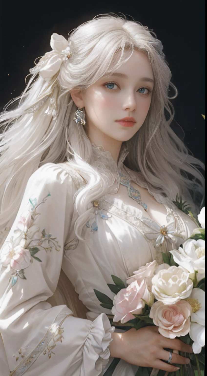 A close up of a woman with long white hair holding a bouquet - SeaArt AI