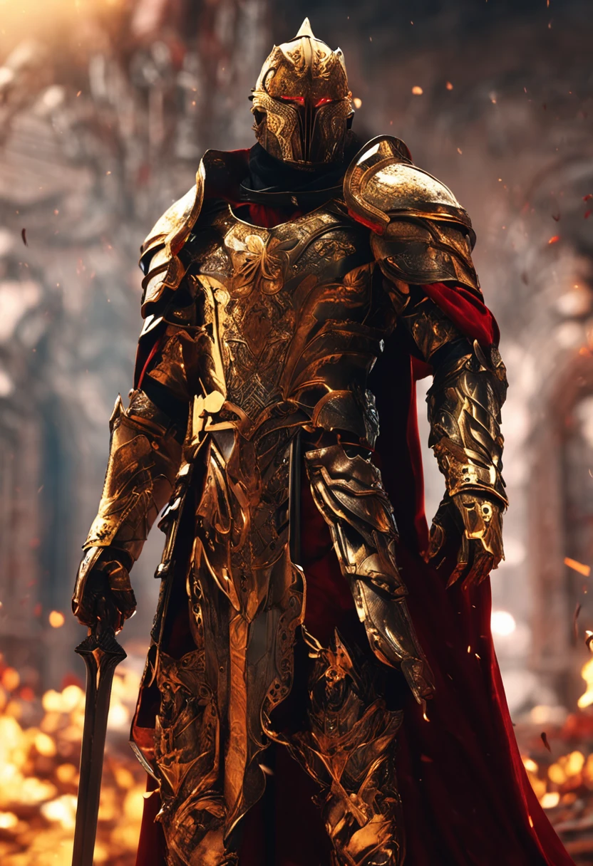 (Ultra-detailed CG unity 8k wallpaper, Masterpiece, Best quality, Depth of field, hdr, Intricate), Tall sinister dark killer，Wearing a metal mask，Bright blood-red eyes，Golden Praetorian Guard armor，Behind him is wearing a gorgeous golden cloak，In his left hand, he holds a sharp giant sword in one hand，Walk through the golden majestic palace, On both sides of the palace stood countless people wearing golden Janissary armor，(Intricate: 1.4) (Masterpiece: 1.4) (illustration: 1.4), Red studio lighting, Post-processing, 8K resolution, Dark background, Imposing, Well-composed photos, Impressive, Dark fantasy，Cinematic real