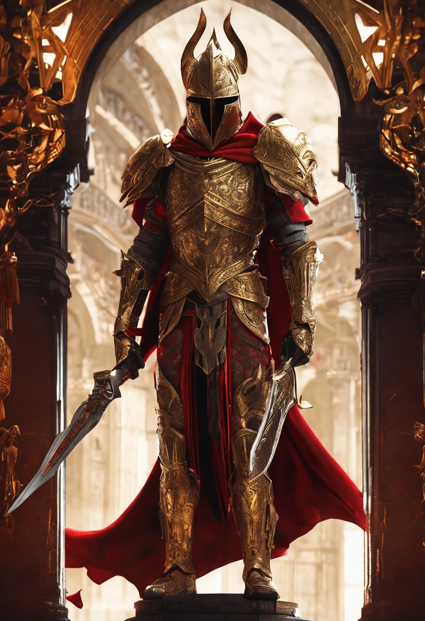 (Ultra-detailed CG unity 8k wallpaper, Masterpiece, Best quality, Depth of field, hdr, Intricate), Tall sinister dark killer，Wearing a metal mask，Bright blood-red eyes，Golden Praetorian Guard armor，Behind him is wearing a gorgeous golden cloak，In his left hand, he holds a sharp giant sword in one hand，Walk through the golden majestic palace, On both sides of the palace stood countless people wearing golden Janissary armor，(Intricate: 1.4) (Masterpiece: 1.4) (illustration: 1.4), Red studio lighting, Post-processing, 8K resolution, Dark background, Imposing, Well-composed photos, Impressive, Dark fantasy，Cinematic real