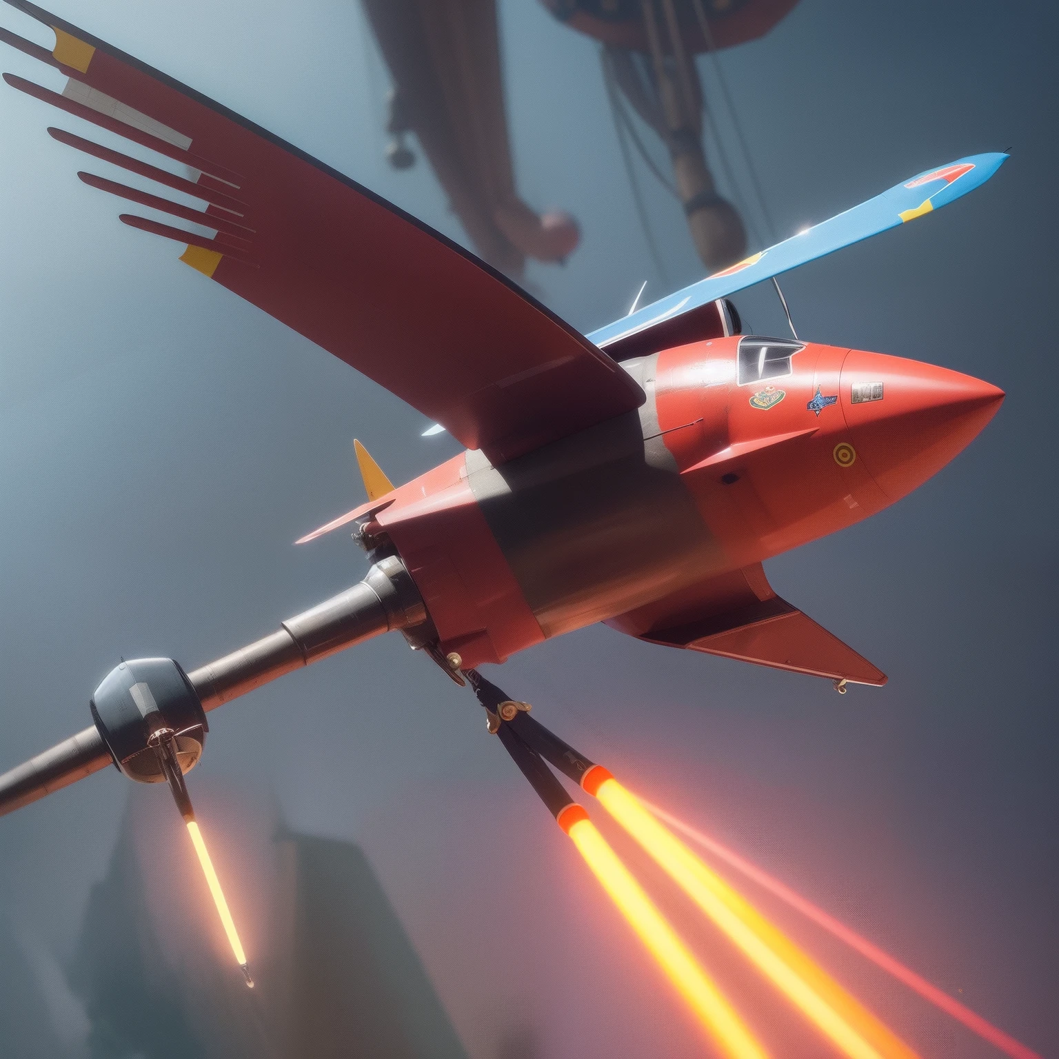 Flying penis, wings, jet motors, long shaft with portholes, red, green, blue, yellow, orange, purple, indigo, head, long hanging balls in a sack with hair, pubic hair