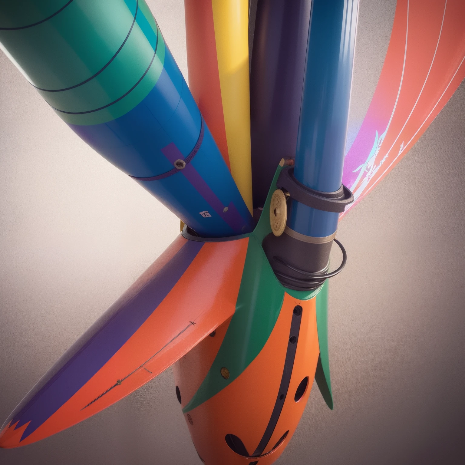 Flying penis, wings, jet motors, long shaft with portholes, red, green, blue, yellow, orange, purple, indigo, head, long hanging balls in a sack with hair, pubic hair