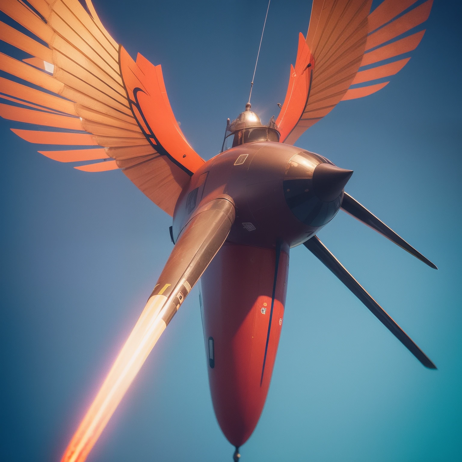 Flying penis, wings, jet motors, long shaft with portholes, red, green, blue, yellow, orange, purple, indigo, head, long hanging balls in a sack with hair, pubic hair