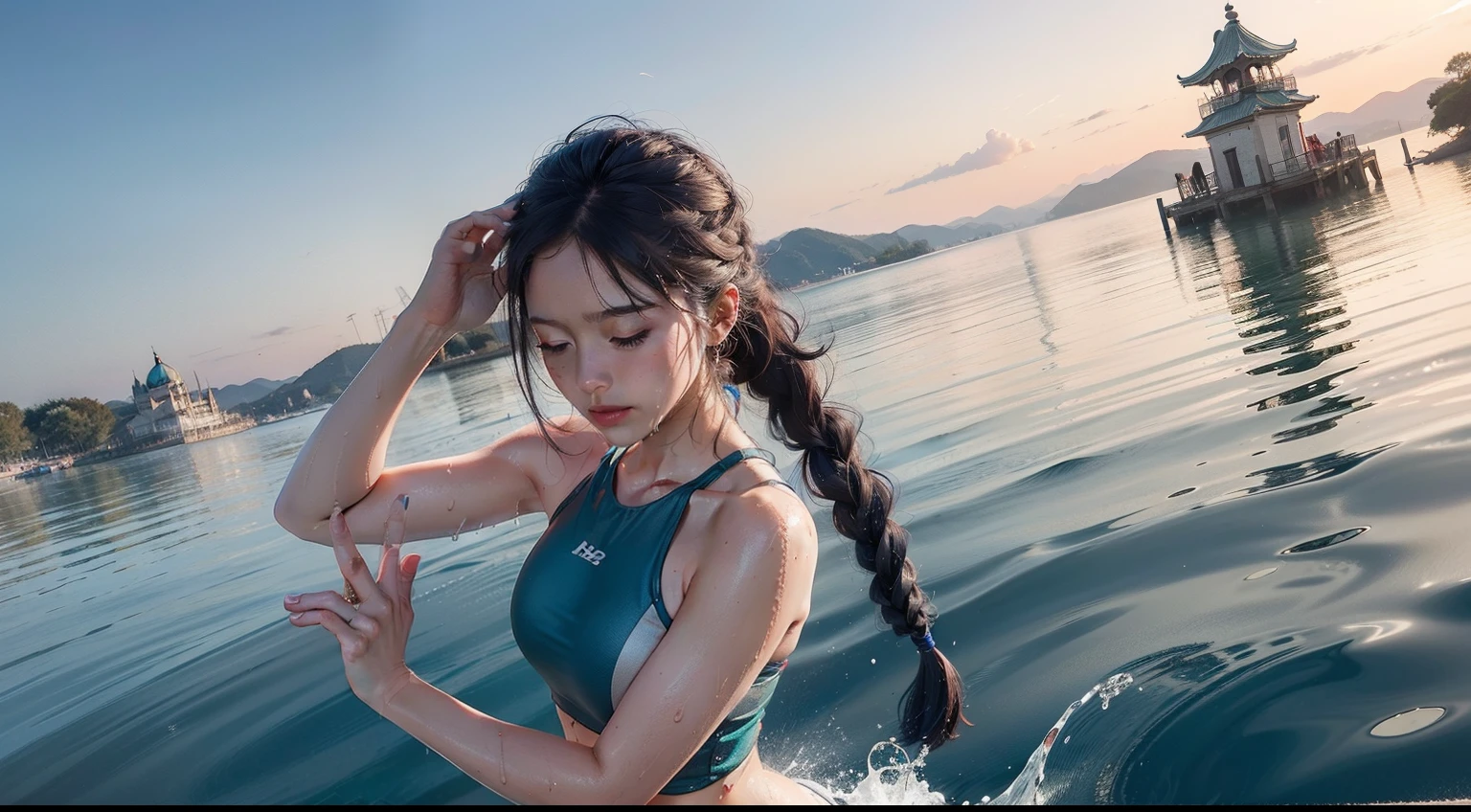 (realisitic,Photorealsitic:1.4),(1 Beauty:1.3),(beautiful countenance:1.5),Detailed shiny skin,A detailed eye,Precise hands and fingers,8K HDR, , masterpiece, (Dynamic angle footage),电影灯光, Finely drawn backgrounds,(Southland,the beach,Fashionable swimwear,splash water,Drenched girl),No hair ornament,jetty,Beautyfull asian,sports wear,3Colored hair,Braids,Venetian,A lake reflecting like a mirror,I'm sleepy and I'm about to collapse,Eyes closed
