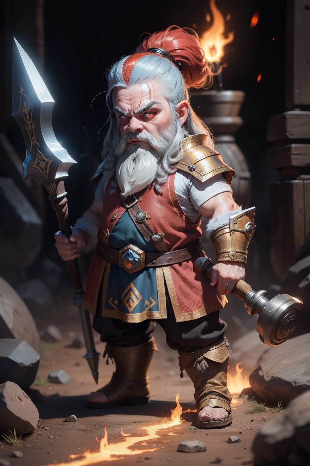 A dwarf with fiery eyes, With a huge magic hammer, Metallic skin