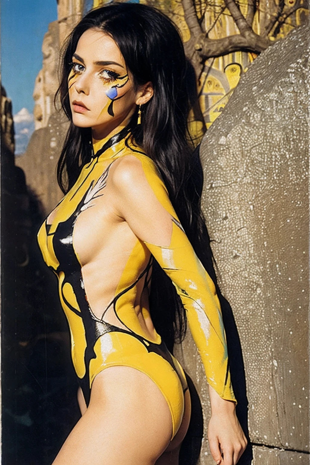 Abstract surreal photography, Close the face with black paint and a large yellow strip in the middle, (Roger Dean:1.3), (Klimt:1.2), (Lichtenstein:1.1), (Dali: 1.1) , Bright liquid photography with melt film effect, The light from the back window is backlighted