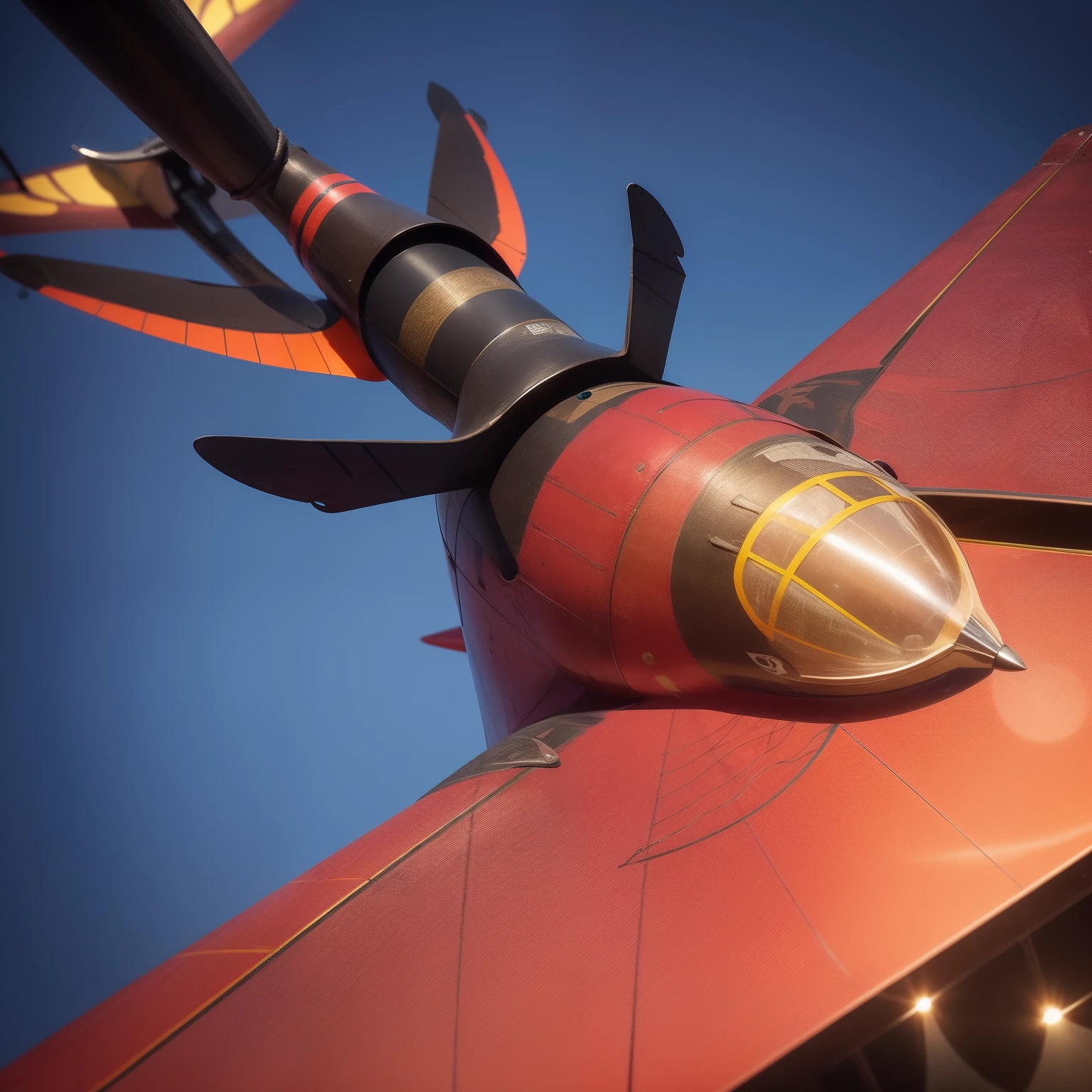 Flying penis, wings, jet motors, long shaft with portholes, red, green, blue, yellow, orange, purple, indigo, head, long hanging balls in a sack with hair, pubic hair