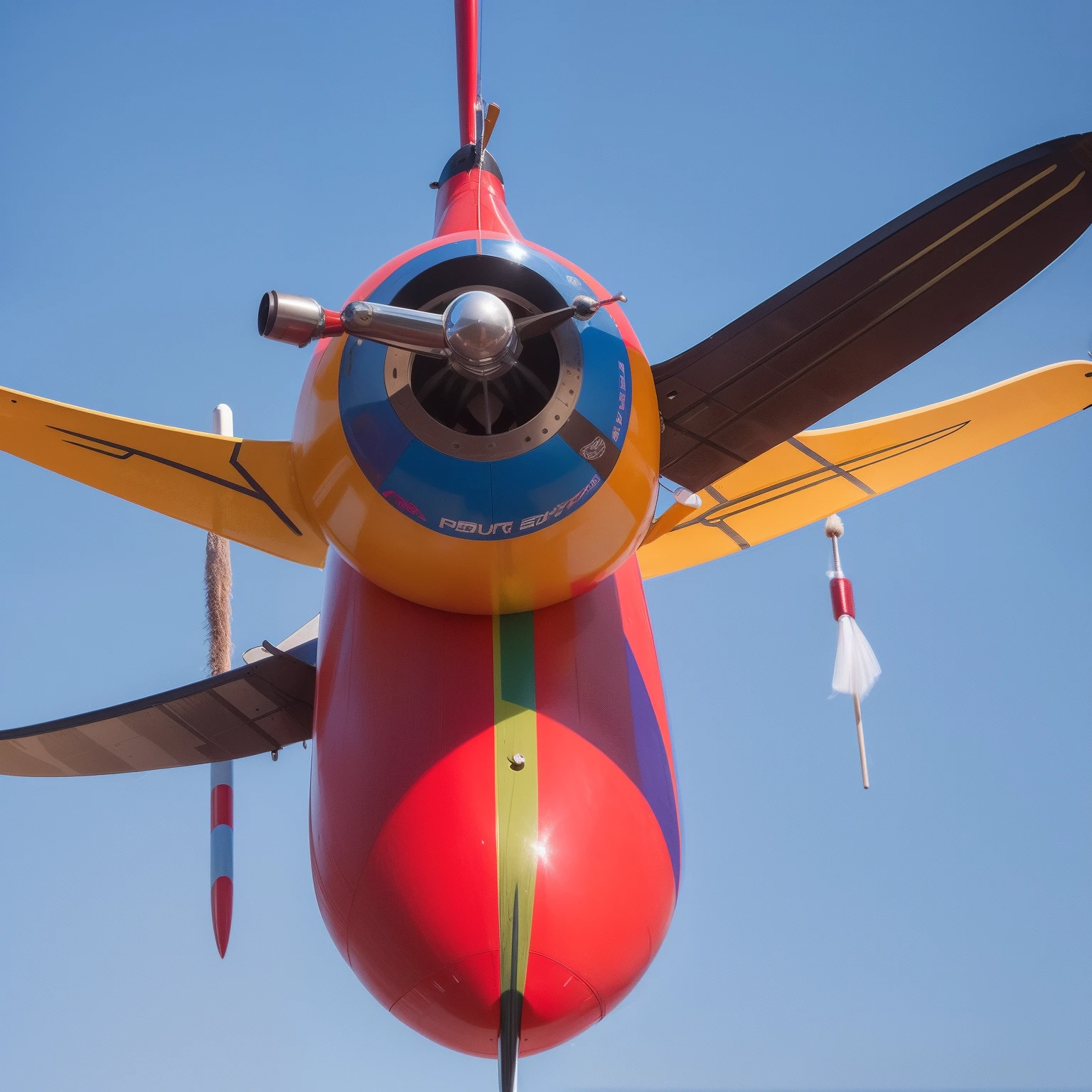 Flying penis, wings, jet motors, long shaft with portholes, red, green, blue, yellow, orange, purple, indigo, head, long hanging balls in a sack with hair, pubic hair