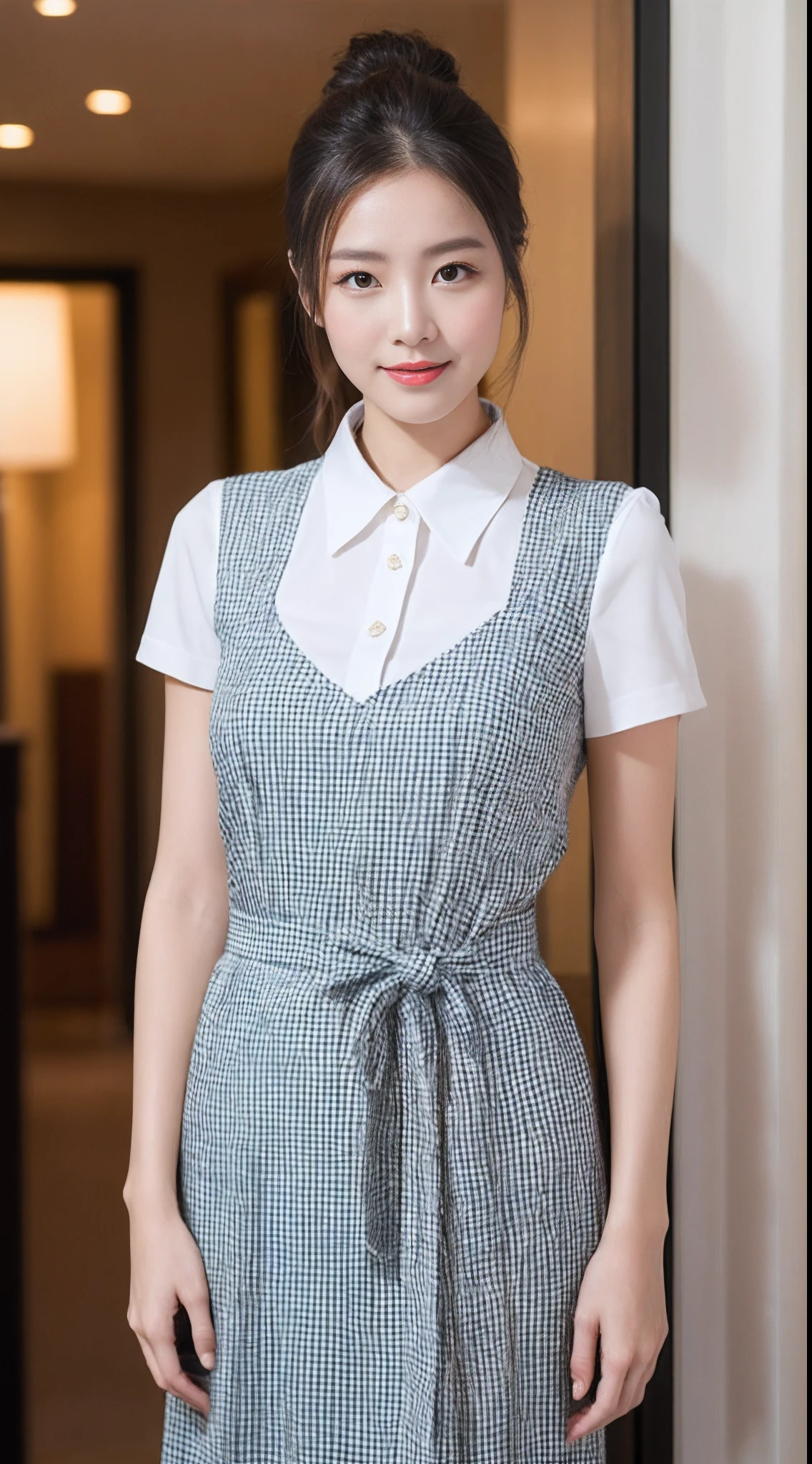 (RAW photogr:1.2),The highest quality, 超高分辨率, woman in her 30s,ssmile,Wear simple professional attire,stood at the entrance,Prepare to go out。Her long hair was simply tied back of her head,The skin is somewhat tanned,Light makeup。Her professional attire shows her work attitude and professionalism。