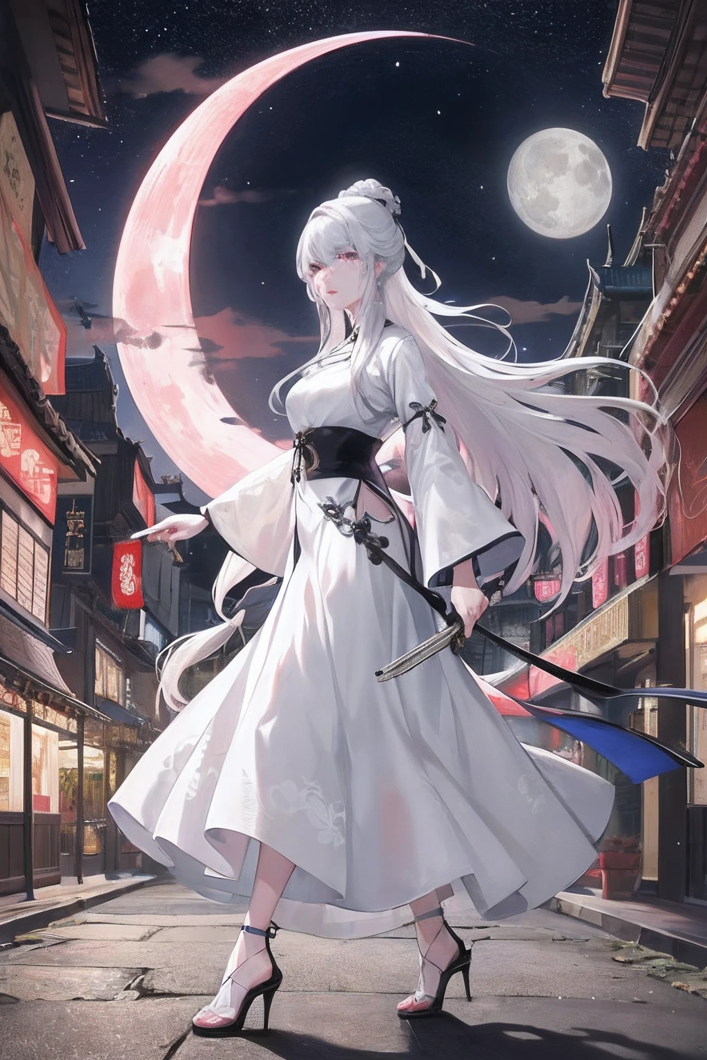 tmasterpiece、Need、night scene、moon full、1female、Mature woman、China-style、Ancient China、Sister、Royal sister、in cold face、face expressionless、Silver white long haired woman、Pale pink lips、Steady、intelligence、High heels、Gray pupils,assassins,short knife,flower ball background,Stroll through the streetscape