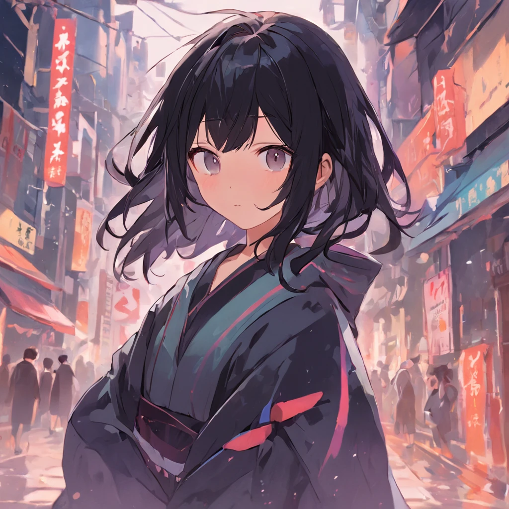 「japanes、A dark-haired、Center Part、Medium hair、４K」charicature、Natural black hair color、Clean skin tone、Simple clothing colors、Clean and intelligent design、Includes character icons with natural expressions and poses、Black hair texture or skin texture、The texture reflects the fabric feel of the garment and the well-formed center-part hair lines are drawn.。