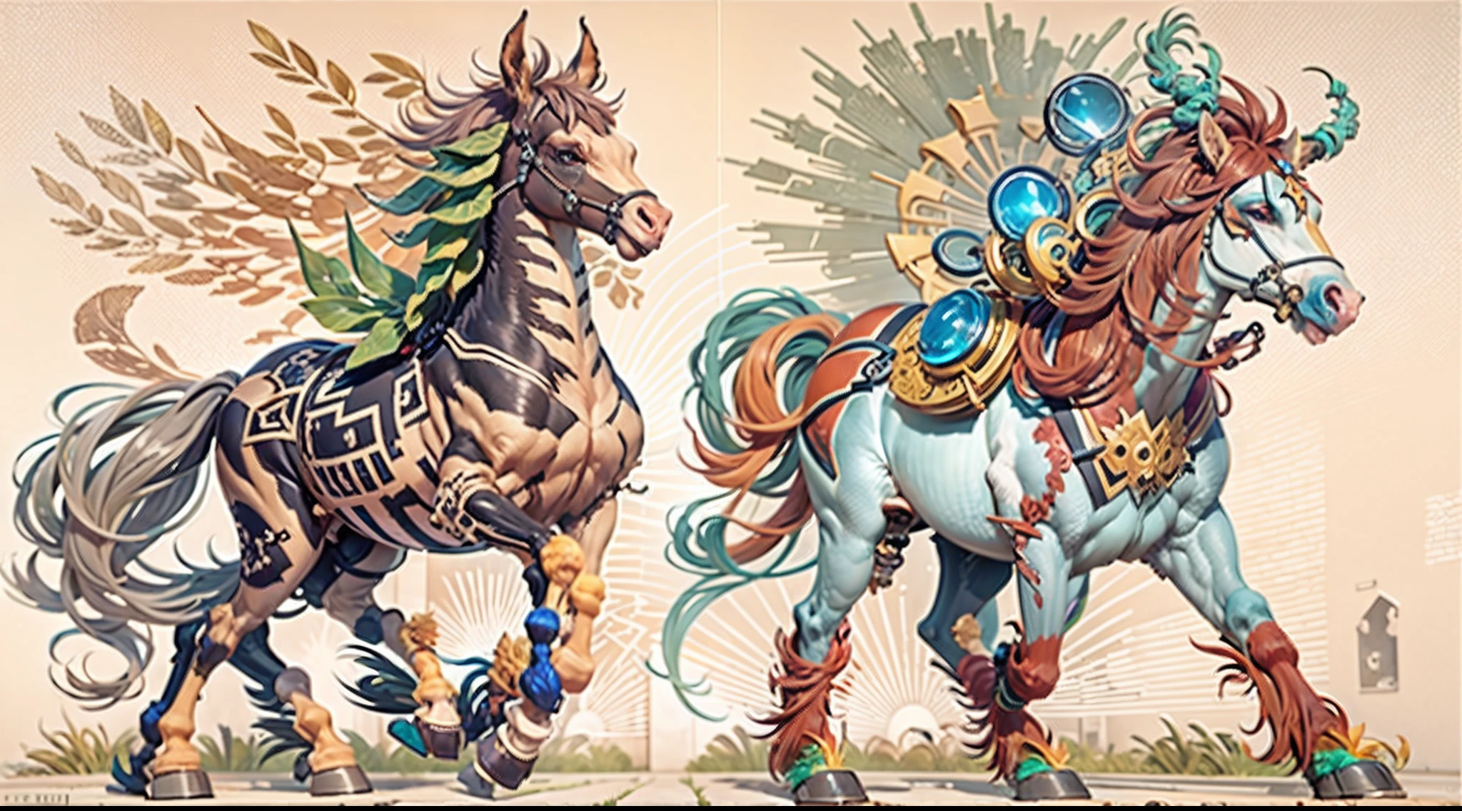 In the beautiful illustration of this super-grand scene，The ultra-long-range lens is shown（Eight unique centaur characters：9.9），They all have their own characteristics，Vivid and interesting。Radiant angelic centaurs from the heavenly realm，To the hellish centaurs surrounded by nightmarish flames，And then to the Wind Immortal Centaur dancing in the air，There are also one-horned centaurs surrounded by thunder and lightning，and mechanical centaurs that shine with metallic light，And then to the powerful dragon centaur with colored dragon scales covering the whole body，The elegant and agile elf centaur always wears a flower crown with its slender and graceful lines，Enchanting and charming Tiflin centaurs。Each character has their own unique charms and abilities。The illustration uses advanced artistic techniques and tools，（Divide the scene into sections by geometric arrangement：9.9），Each section corresponds to a centaur character，This makes more efficient use of space。Through Midjourney's advanced brush tools、Color palette、Material packs and model packs，Exquisite costumes and equipment are designed for each centaur，Enhances the character's personality and visual appeal。The scenery in the illustrations is stunning，There are changing skies、rainbowing、extreme light、Stars and Moon。Incorporating iconic landmarks such as Mount Everest，and fireworks、tranquil lake、Natural and urban elements of waves and neon lights，Creates a magical atmosphere。The centaurs showed off their skills and equipment in a variety of environments，This is true even in extreme alien landscapes。（Use Midjourney's tools、Material packs、Texture tools、The color palette makes depicting details vivid and realistic：9.9），From intricate hairstyles and clothing to authentic textures，Enhances the realism of the characters and surroundings。The fusion of multiple art styles adds movement to the centaur's movement at all angles，The overall visual experience is further enriched。The final illustration was described as a "mast