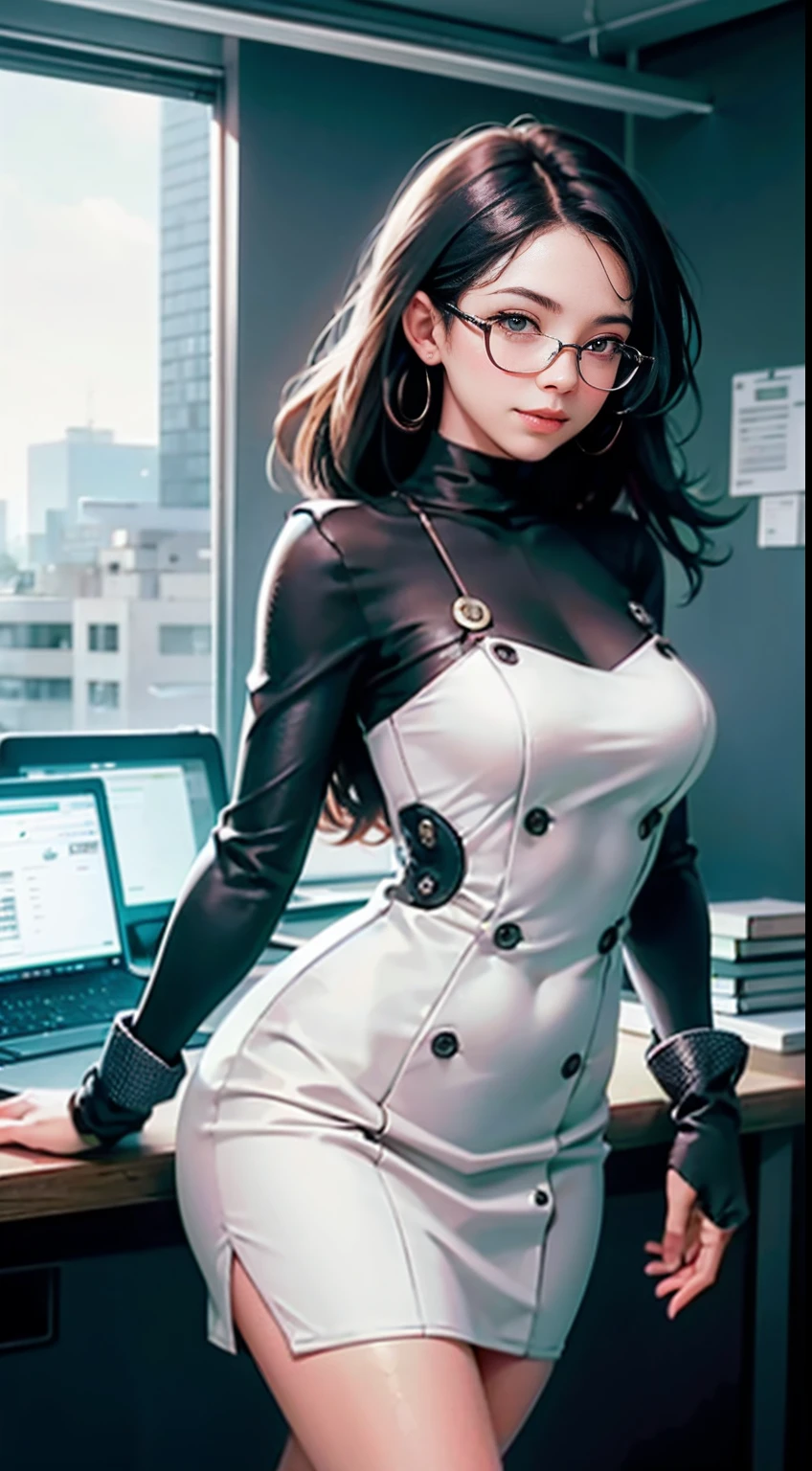 A beautiful young woman exudes confidence and wisdom in a stylish modern office space,Next to it are complex financial charts on the wall, You can feel her analytical thinking at work, Directly in the camera gaze, A slight smil, full bodyesbian, Top model measurements, Office dress code, Wearing glasses, Cute face, Still very professional, author:Alejandro Bourdicio