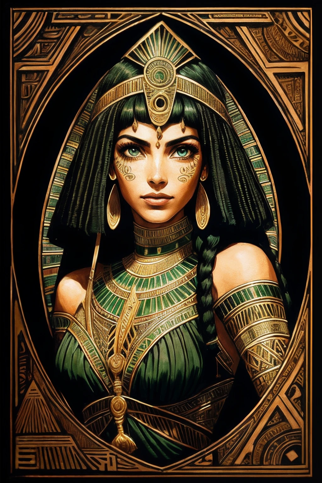 1 adult Egyptian woman, green eyes, black hair flaps, portrait, solo, upper body, looking at viewer, detailed background, detailed face,  OldEgyptAI, ancient egyptian theme,  feral jungle warrior, pink tribal clothing, obsidian, defensive stance, stone knife, bushes, poisonous plants, rocks,  humid climate, darkness, cinematic atmosphere,
dark chamber, dim light (zentangle, mandala, tangle, entangle), (golden and green tone:0.5)
(35mmstyle:1.1), front, masterpiece, 1970s film, , cinematic lighting, photorealistic, high frequency details, 35mm film, (film grain), film noise,