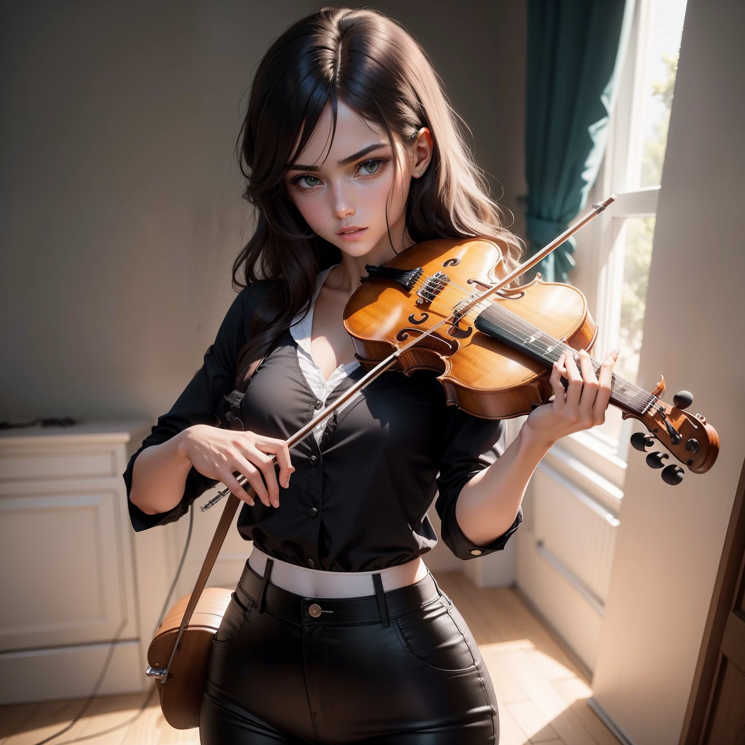 Por favor, Generate like a conservative artist a description from above, Full HD, detalhes no rosto, of a female character standing playing only 1violin. She is a talented 25-year-old violinist, com cabelos castanhos compridos e olhos verdes expressivos. She has a modest and professional appearance, usando roupas fechadas e sem sensualidade. Ela veste uma blusa de mangas compridas em tom neutro, black pants and closed shoes. His posture is elegant and concentrated, com os ombros retos e olhos fixos nas partituras. His expression is serene and passionate about the music he plays. Por favor, descreva-a com detalhes, emphasizing a look suitable for a respectable and professional musical performance, without any sensual connotation.
