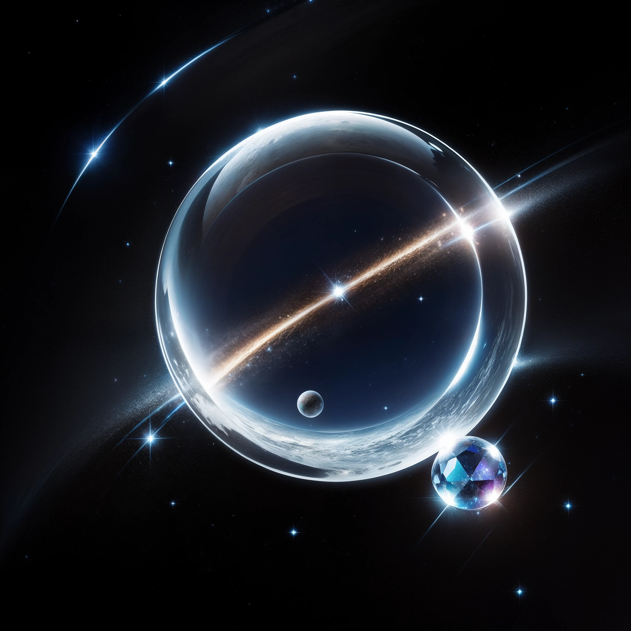 transparent crystal spheres with beautiful rings. A vast universe with numerous twinkling stars.