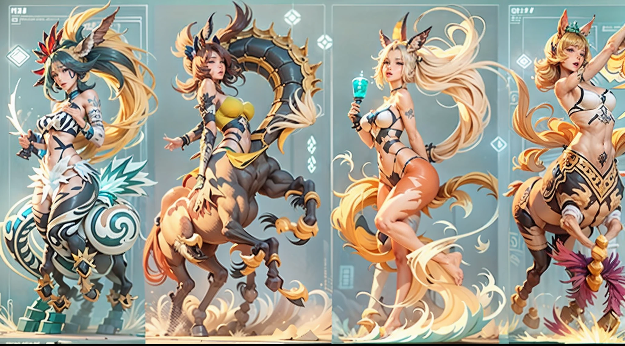 In the beautiful illustration of this super-grand scene,The ultra-long-range lens is shown(Eight unique centaur characters:9.9),They all have their own characteristics,Vivid and interesting。Radiant angelic centaurs from the heavenly realm,To the hellish centaurs surrounded by nightmarish flames,And then to the Wind Immortal Centaur dancing in the air,There are also one-horned centaurs surrounded by thunder and lightning,and mechanical centaurs that shine with metallic light,And then to the powerful dragon centaur with colored dragon scales covering the whole body,The elegant and agile elf centaur always wears a flower crown with its slender and graceful lines,Enchanting and charming Tiflin centaurs。Each character has their own unique charms and abilities。The illustration uses advanced artistic techniques and tools,(Divide the scene into sections by geometric arrangement:9.9),Each section corresponds to a centaur character,This makes more efficient use of space。Through Midjourney's advanced brush tools、Color palette、Material packs and model packs,Exquisite costumes and equipment are designed for each centaur,Enhances the character's personality and visual appeal。The scenery in the illustrations is stunning,There are changing skies、rainbowing、extreme light、Stars and Moon。Incorporating iconic landmarks such as Mount Everest,and fireworks、tranquil lake、Natural and urban elements of waves and neon lights,Creates a magical atmosphere。The centaurs showed off their skills and equipment in a variety of environments,This is true even in extreme alien landscapes。(Use Midjourney's tools、Material packs、Texture tools、The color palette makes depicting details vivid and realistic:9.9),From intricate hairstyles and clothing to authentic textures,Enhances the realism of the characters and surroundings。The fusion of multiple art styles adds movement to the centaur's movement at all angles,The overall visual experience is further enriched。The final illustration was described as a "mast