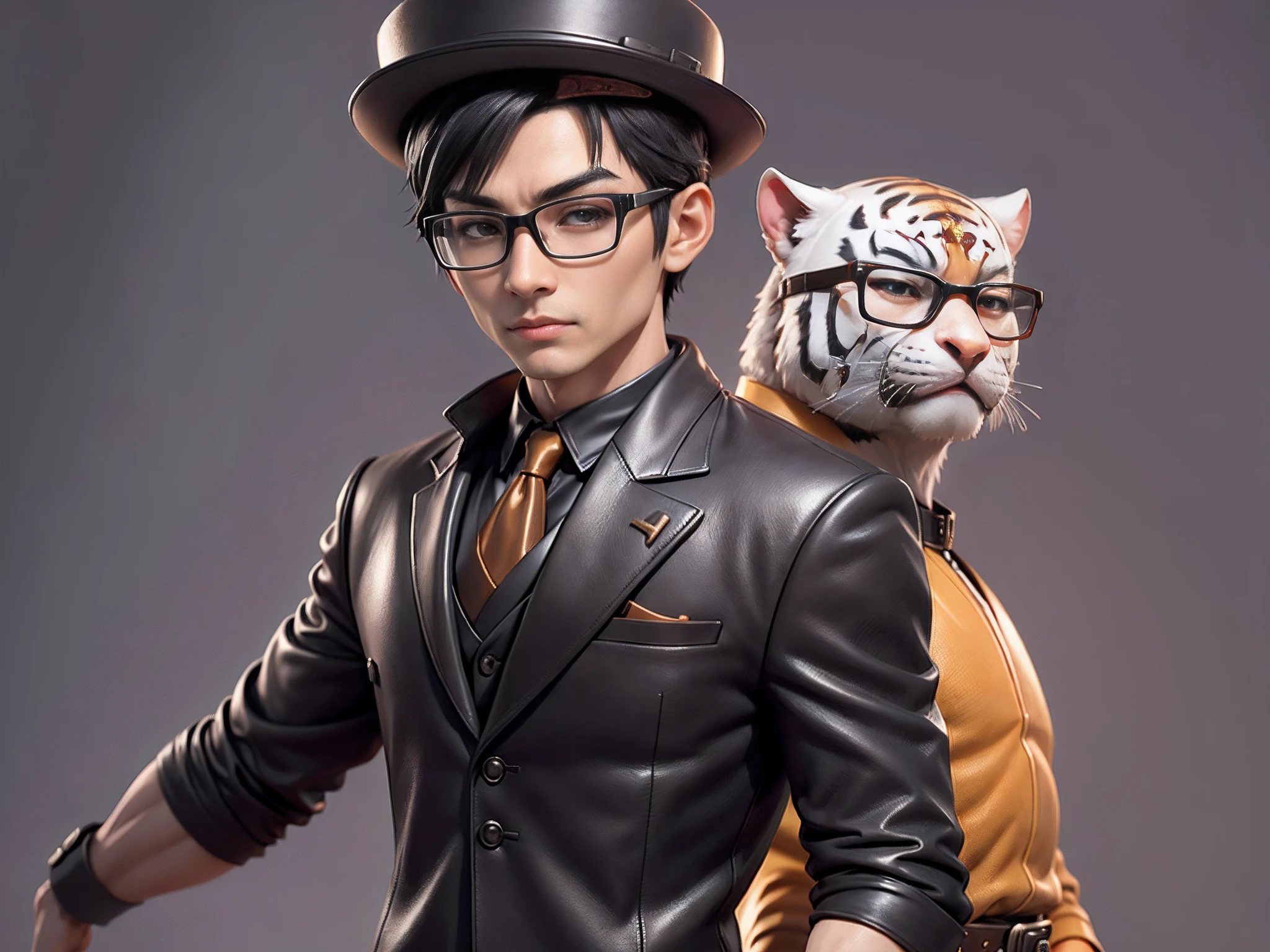 Young man with oriental face in leather hat, tiger, oriental face in formal suit, short black hair, silver glasses, digital painting, 3D character design by Mark Clairedon and Pixar and Hayao Miyazaki and Akira Toriyama, the illustration is a high-definition illustration in 4K resolution with very detailed facial features and cartoon-style visuals.